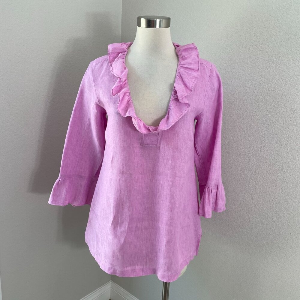 Studio 412 Womens Small Ruffle Neck Pink 100% Linen Tunic Top Shirt